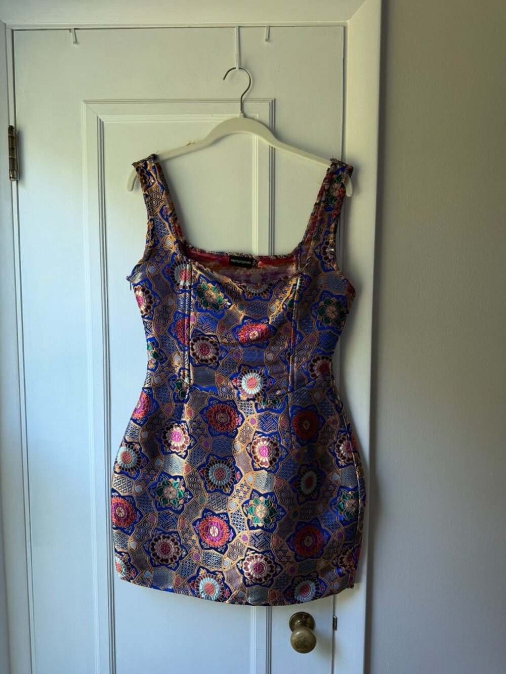 PrettyLittleThing Multi Jacquard Oriental Square Neck Bodycon Dress Size 6